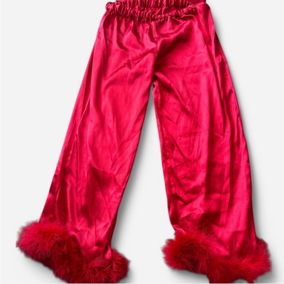 Red Satin Jumpsuit with Feather Trim - Picture 3 of 5